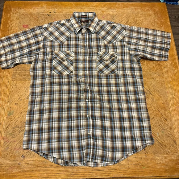 Plains Western Wear Mens Shirt Pearl Snap Cowboy Rodeo Large Tall Brown Plaid - Picture 1 of 5